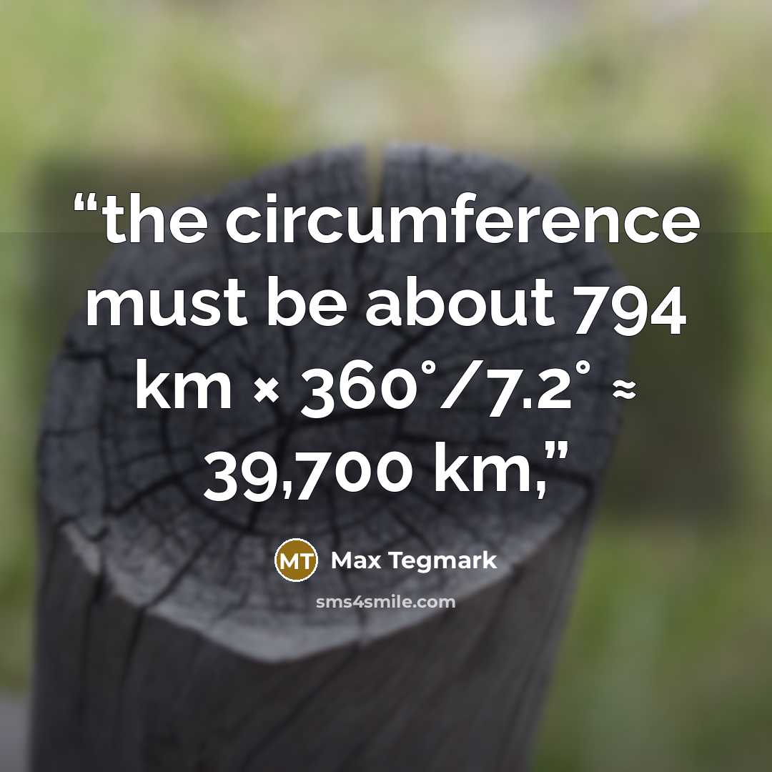“the circumference must be about 794 km × 360°/7.2° ≈ 39,700 km,” quote by Max Tegmark