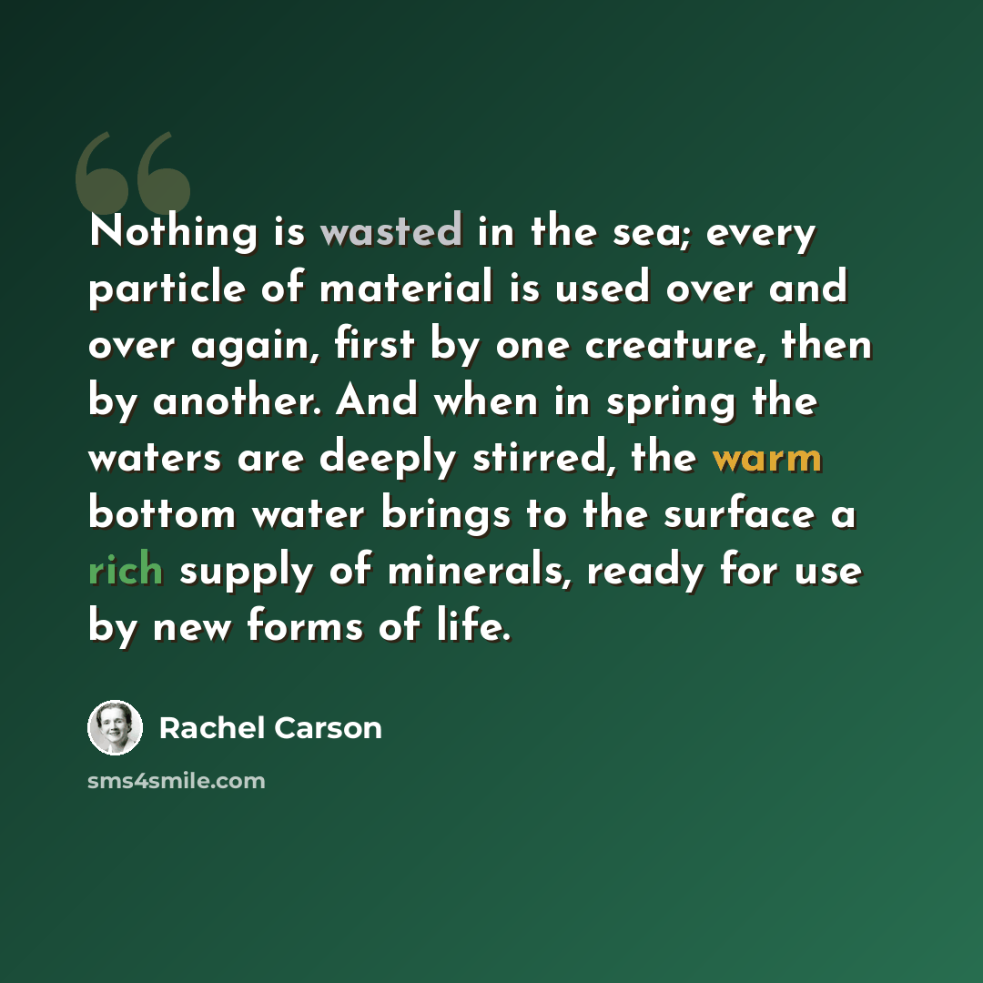 “Nothing is wasted in the sea; every particle of material is used over and over again, first by one creature, then by another. And when in spring the waters are deeply stirred, the warm bottom water brings to the surface a rich supply of minerals, ready for use by new forms of life.” quote by Rachel Carson