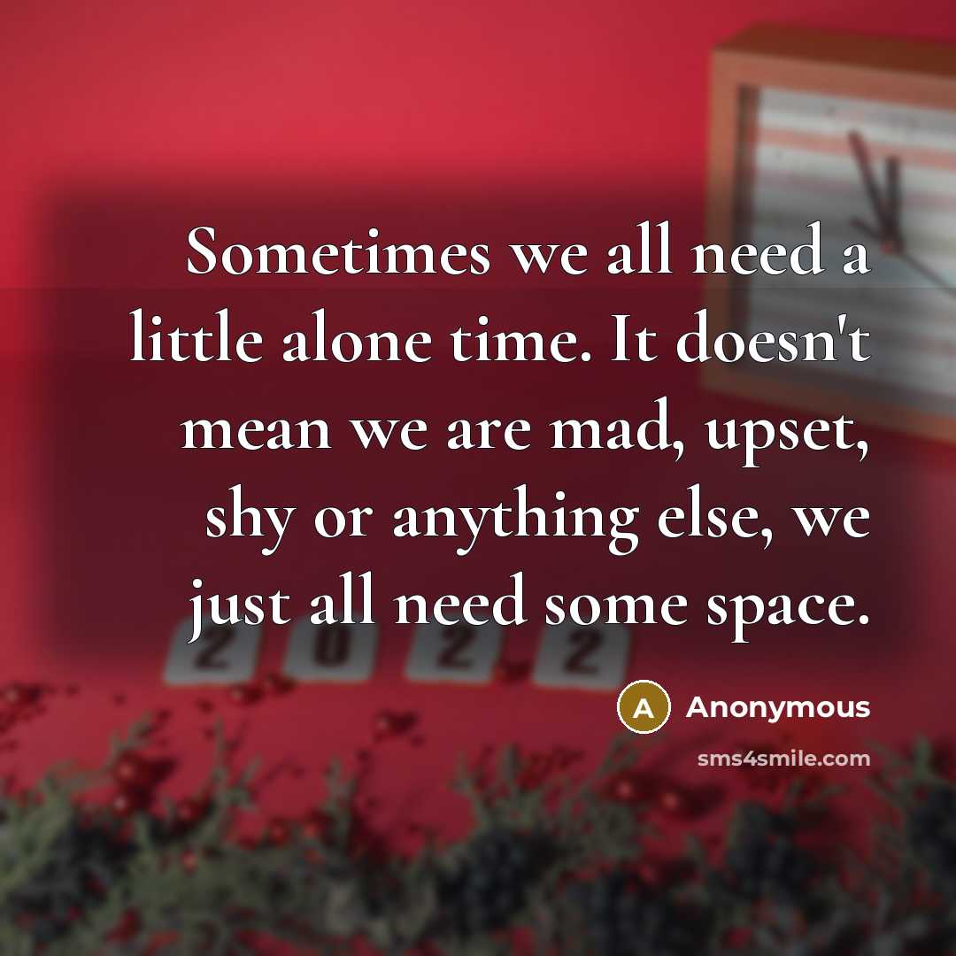“Sometimes we all need a little alone time. It doesn't mean we are mad, upset, shy or anything else, we just all need some space.” quote by Anonymous