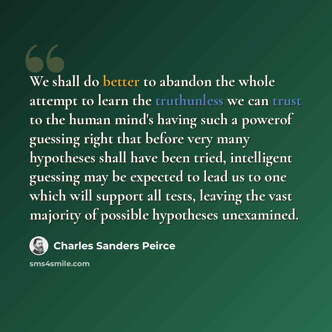 “We shall do better to abandon the whole attempt to learn the truthunless we can trust to the human mind's having such a powerof guessing right that before very many hypotheses shall have been tried, intelligent guessing may be expected to lead us to one which will support all tests, leaving the…” quote by Charles Sanders Peirce