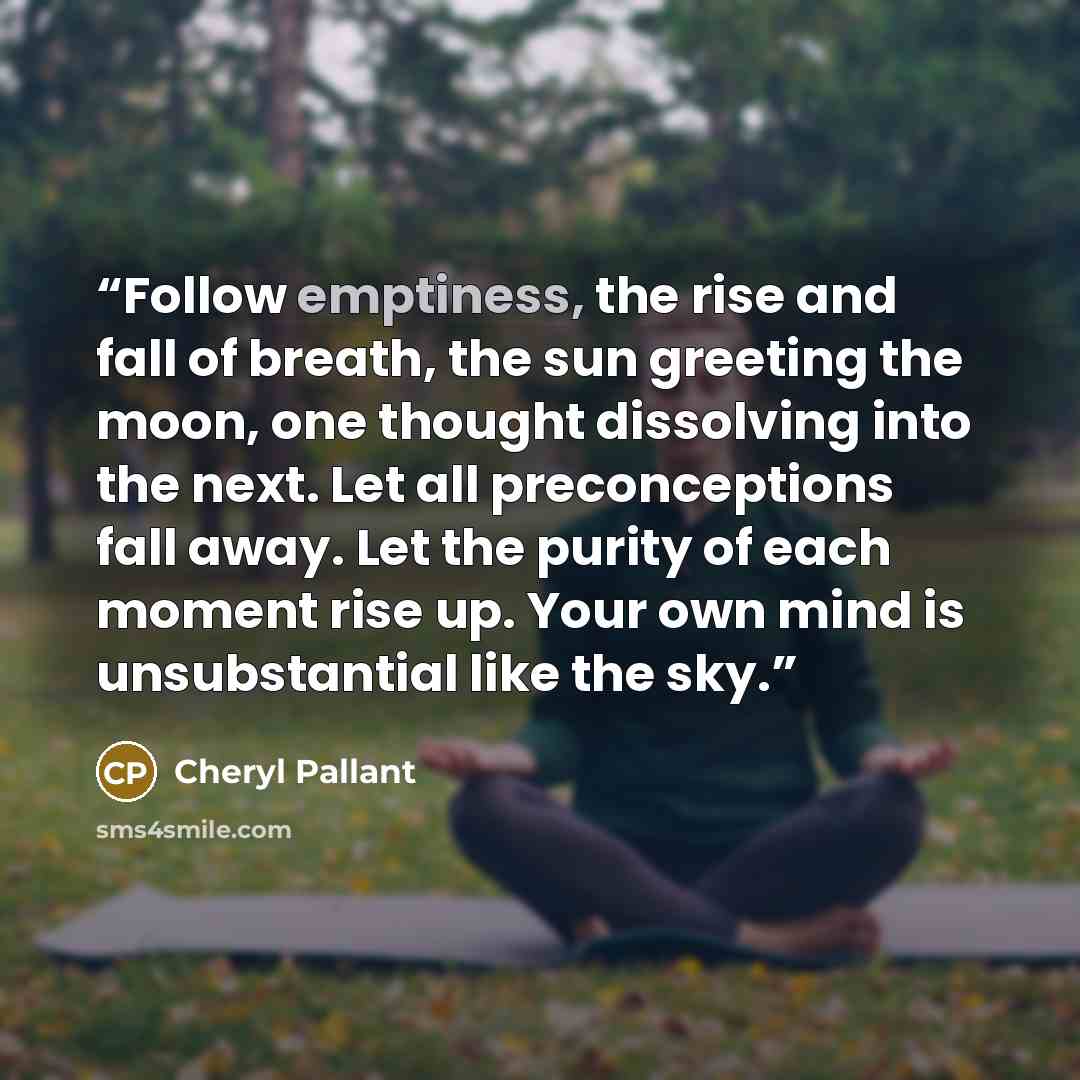 “Follow emptiness, the rise and fall of breath, the sun greeting the moon, one thought dissolving into the next. Let all preconceptions fall away. Let the purity of each moment rise up. Your own mind is unsubstantial like the sky.” quote by Cheryl Pallant