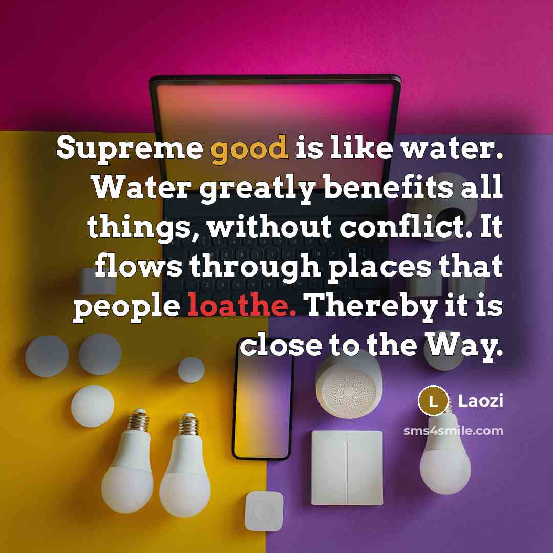 “Supreme good is like water. Water greatly benefits all things, without conflict. It flows through places that people loathe. Thereby it is close to the Way.” quote by Laozi