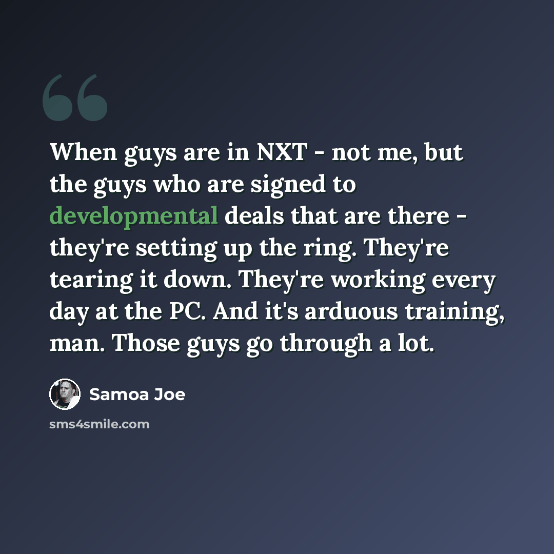 “When guys are in NXT - not me, but the guys who are signed to developmental deals that are there - they're setting up the ring. They're tearing it down. They're working every day at the PC. And it's arduous training, man. Those guys go through a lot.” quote by Samoa Joe