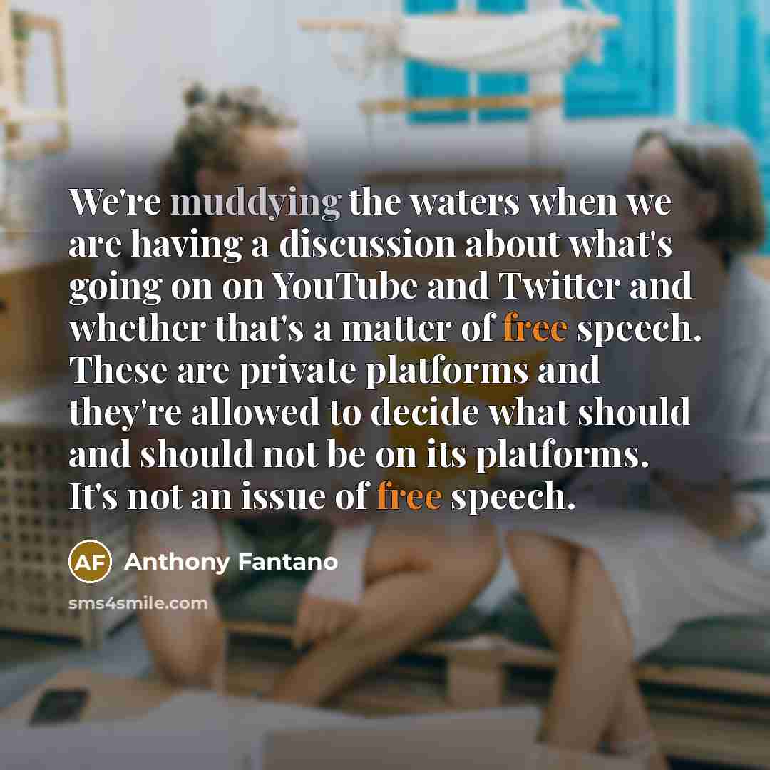 “We're muddying the waters when we are having a discussion about what's going on on YouTube and Twitter and whether that's a matter of free speech. These are private platforms and they're allowed to decide what should and should not be on its platforms. It's not an issue of free speech.” quote by Anthony Fantano