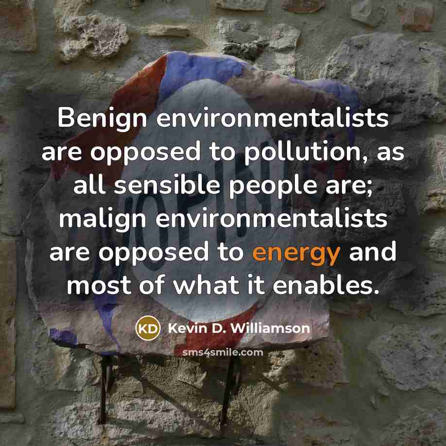 “Benign environmentalists are opposed to pollution, as all sensible people are; malign environmentalists are opposed to energy and most of what it enables.” quote by Kevin D. Williamson