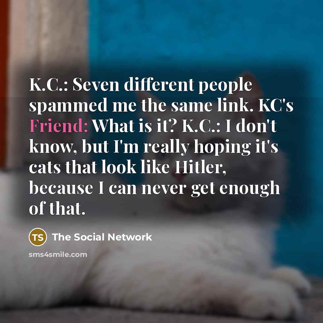 “K.C.: Seven different people spammed me the same link. KC's Friend: What is it? K.C.: I don't know, but I'm really hoping it's cats that look like Hitler, because I can never get enough of that.” quote by The Social Network