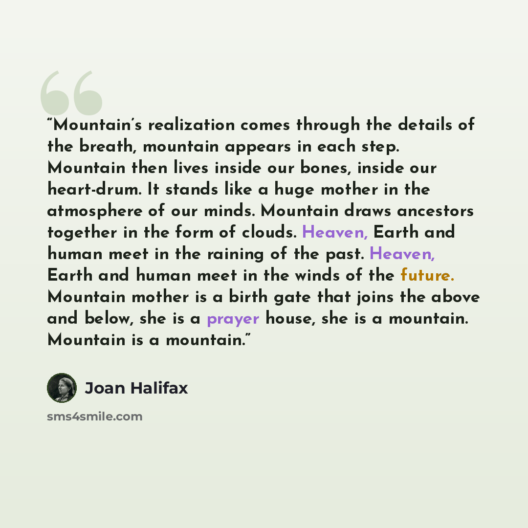 “Mountain’s realization comes through the details of the breath, mountain appears in each step. Mountain then lives inside our bones, inside our heart-drum. It stands like a huge mother in the atmosphere of our minds. Mountain draws ancestors together in the form of clouds. Heaven, Earth and human…” quote by Joan Halifax