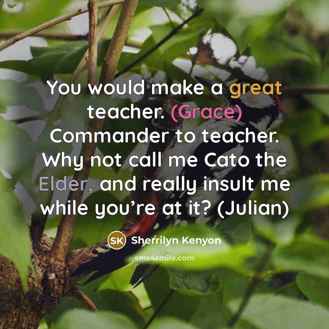 “You would make a great teacher. (Grace) Commander to teacher. Why not call me Cato the Elder, and really insult me while you’re at it? (Julian)” quote by Sherrilyn Kenyon