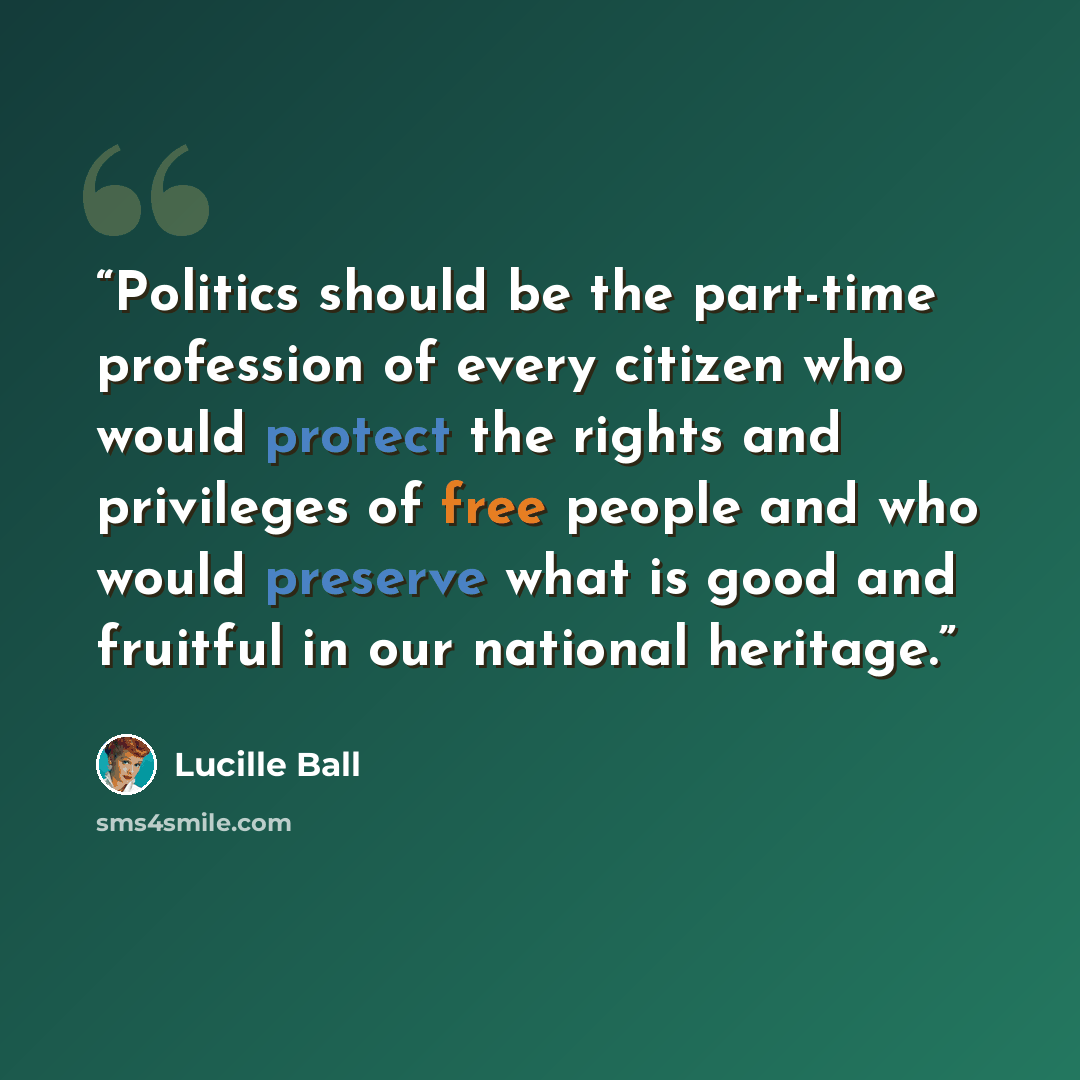“Politics should be the part-time profession of every citizen who would protect the rights and privileges of free people and who would preserve what is good and fruitful in our national heritage.” quote by Lucille Ball
