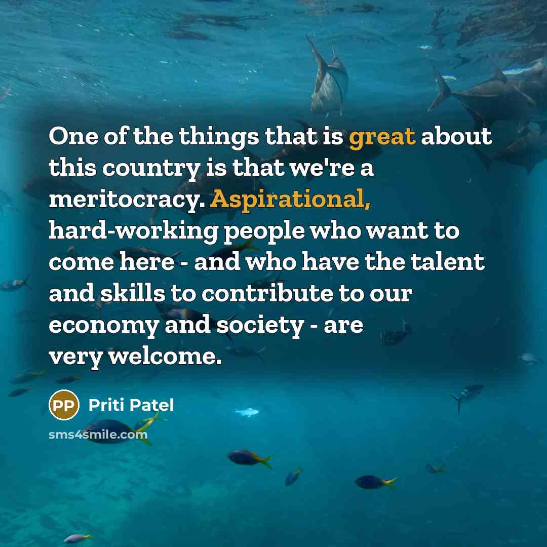 “One of the things that is great about this country is that we're a meritocracy. Aspirational, hard-working people who want to come here - and who have the talent and skills to contribute to our economy and society - are very welcome.” quote by Priti Patel