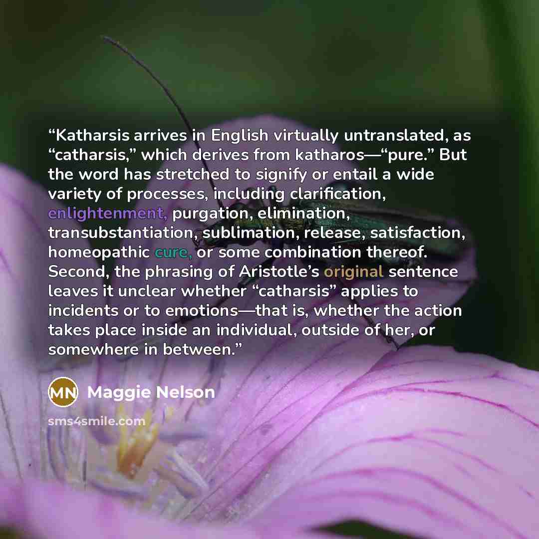 “Katharsis arrives in English virtually untranslated, as “catharsis,” which derives from katharos—“pure.” But the word has stretched to signify or entail a wide variety of processes, including clarification, enlightenment, purgation, elimination, transubstantiation, sublimation, release…” quote by Maggie Nelson