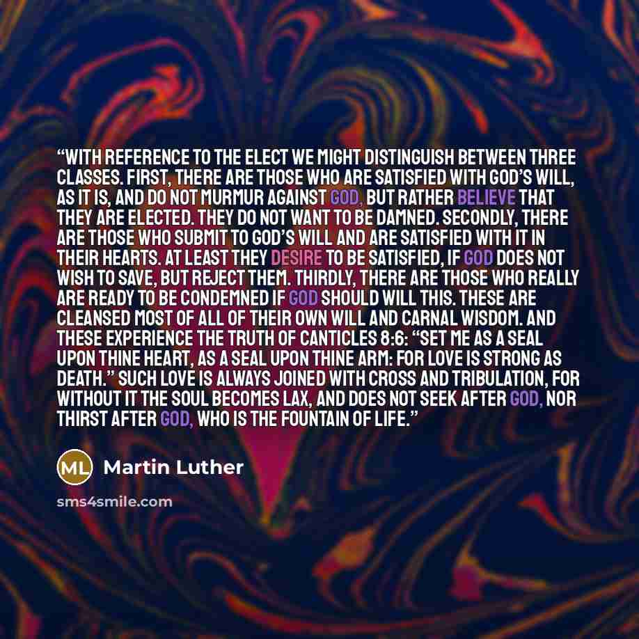 “With reference to the elect we might distinguish between three classes. First, there are those who are satisfied with God’s will, as it is, and do not murmur against God, but rather believe that they are elected. They do not want to be damned. Secondly, there are those who submit to God’s will and…” quote by Martin Luther