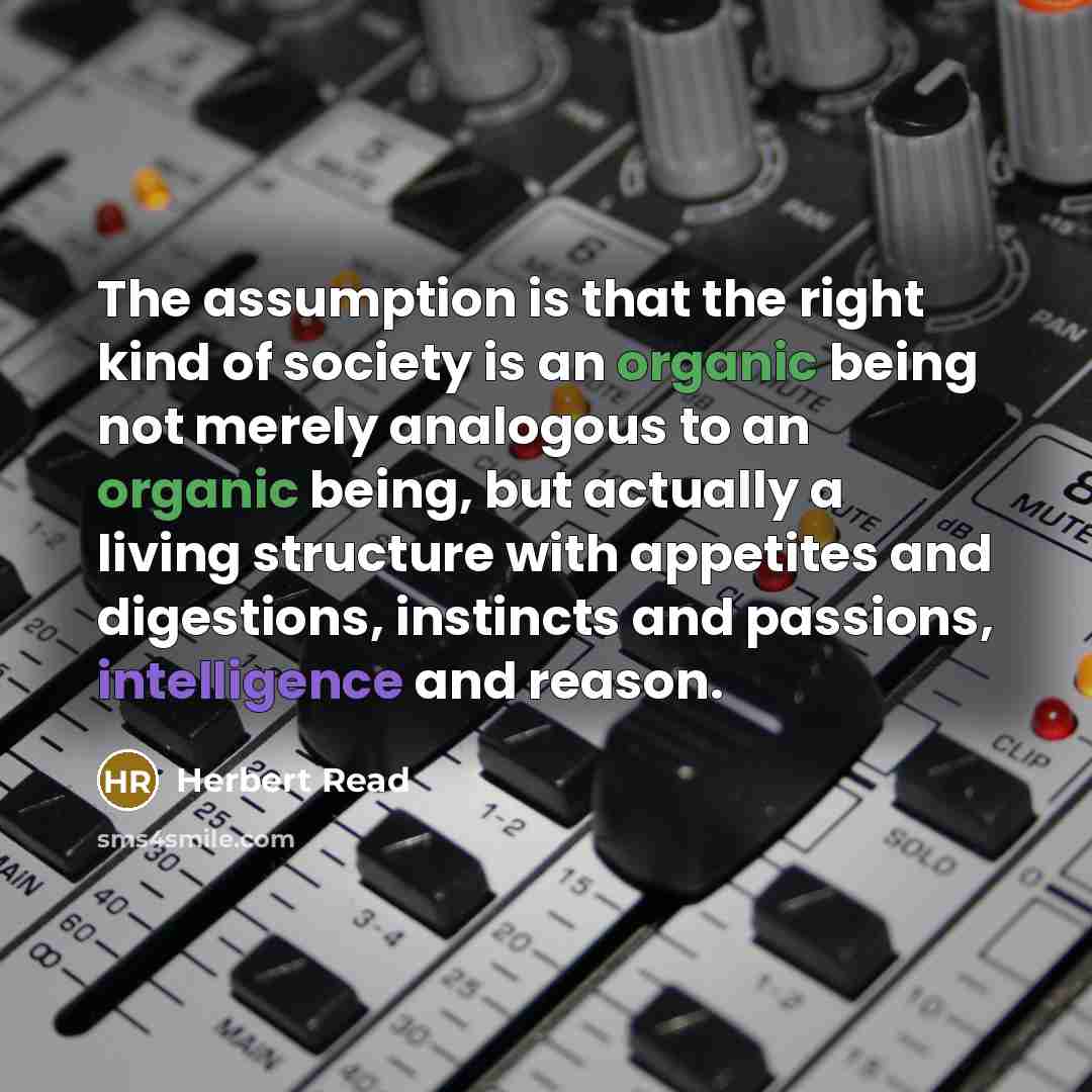 “The assumption is that the right kind of society is an organic being not merely analogous to an organic being, but actually a living structure with appetites and digestions, instincts and passions, intelligence and reason.” quote by Herbert Read