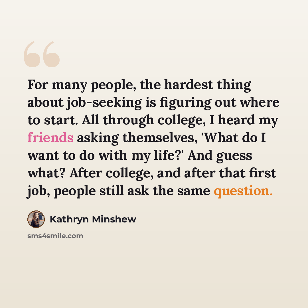 “For many people, the hardest thing about job-seeking is figuring out where to start. All through college, I heard my friends asking themselves, 'What do I want to do with my life?' And guess what? After college, and after that first job, people still ask the same question.” quote by Kathryn Minshew