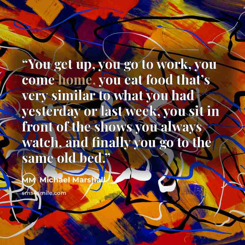 “You get up, you go to work, you come home, you eat food that’s very similar to what you had yesterday or last week, you sit in front of the shows you always watch, and finally you go to the same old bed.” quote by Michael Marshall