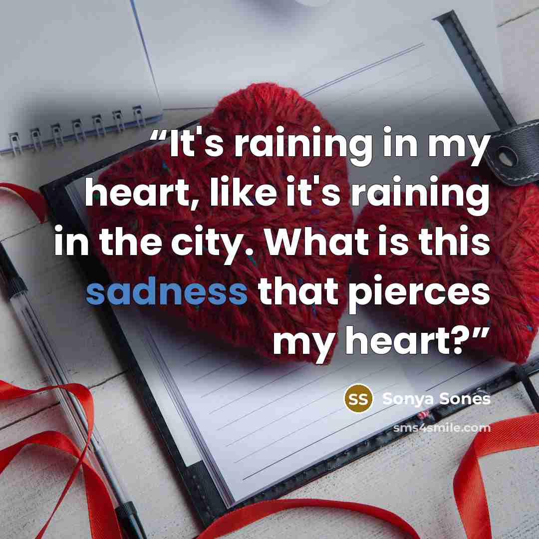 “It's raining in my heart, like it's raining in the city. What is this sadness that pierces my heart?” quote by sonya sones