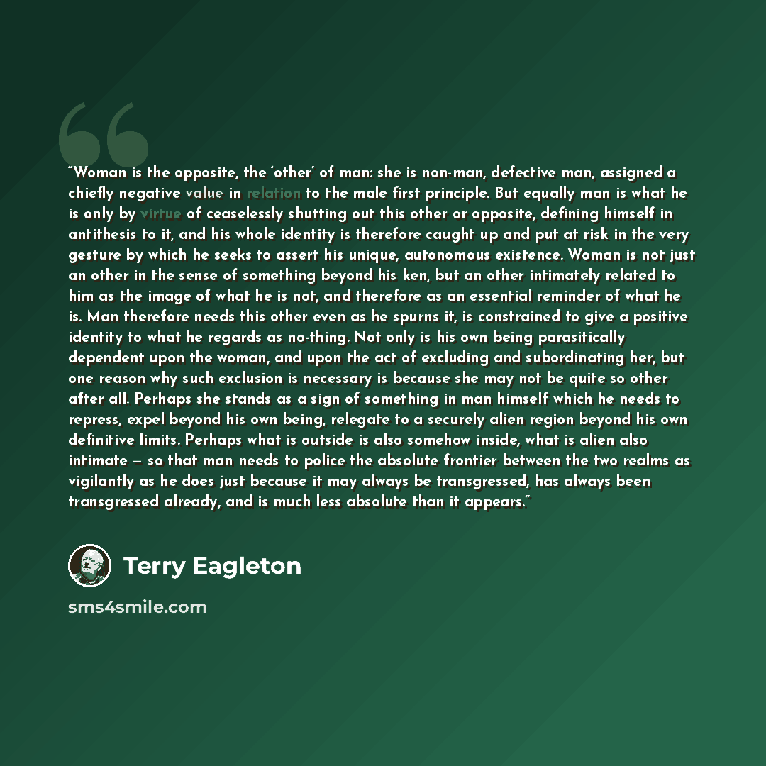 “Woman is the opposite, the ‘other’ of man: she is non-man, defective man, assigned a chiefly negative value in relation to the male first principle. But equally man is what he is only by virtue of ceaselessly shutting out this other or opposite, defining himself in antithesis to it, and his whole…” quote by Terry Eagleton