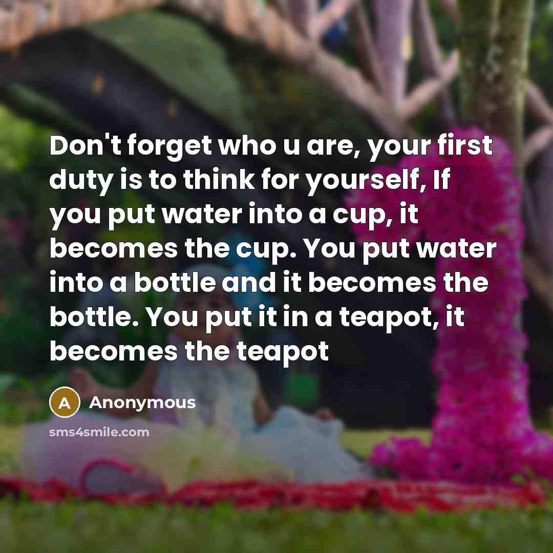 “Don't forget who u are, your first duty is to think for yourself, If you put water into a cup, it becomes the cup. You put water into a bottle and it becomes the bottle. You put it in a teapot, it becomes the teapot” quote by Anonymous