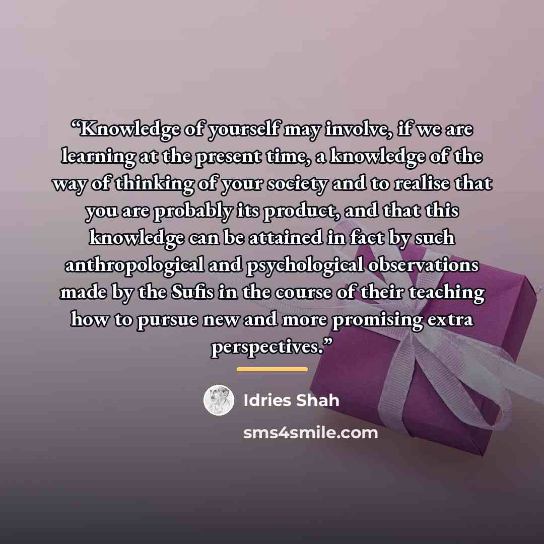 “Knowledge of yourself may involve, if we are learning at the present time, a knowledge of the way of thinking of your society and to realise that you are probably its product, and that this knowledge can be attained in fact by such anthropological and psychological observations made by the Sufis…” quote by Idries Shah
