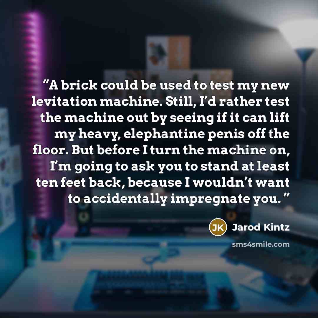 “A brick could be used to test my new levitation machine. Still, I’d rather test the machine out by seeing if it can lift my heavy, elephantine penis off the floor. But before I turn the machine on, I’m going to ask you to stand at least ten feet back, because I wouldn’t want to accidentally…” quote by Jarod Kintz