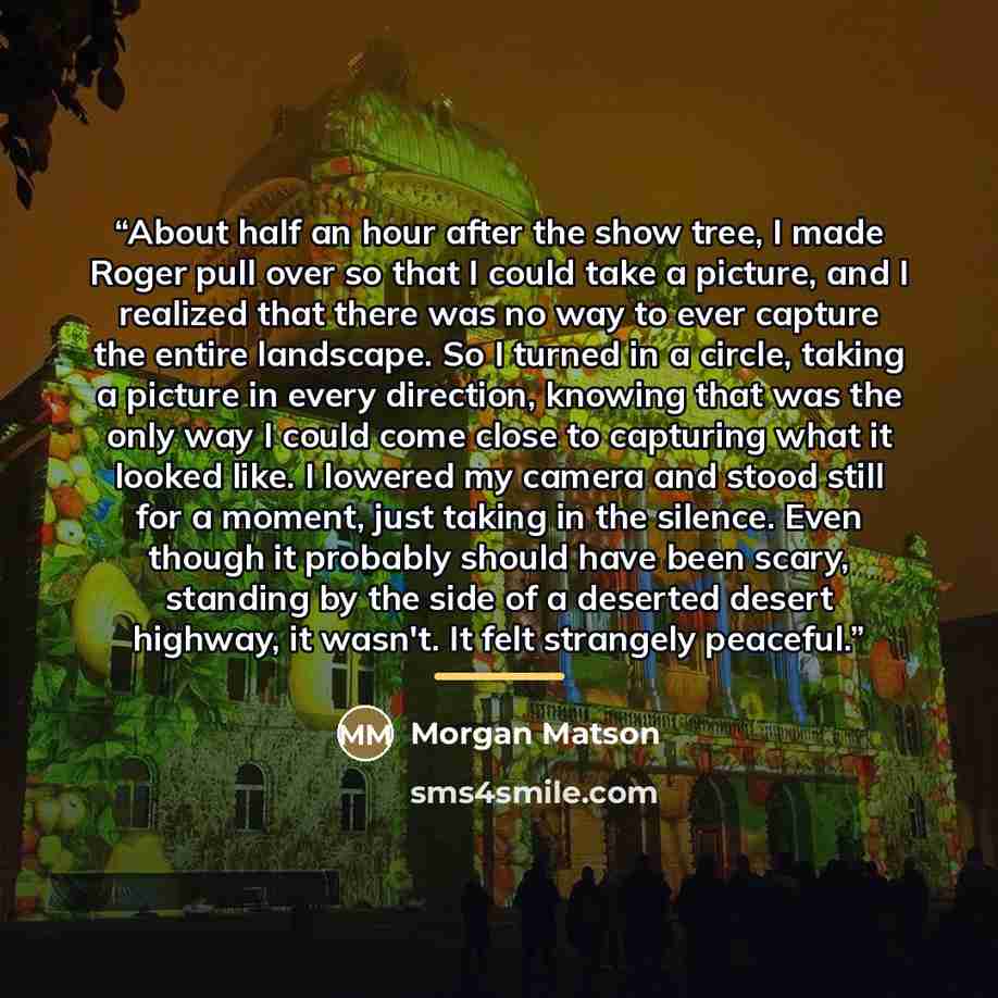 “About half an hour after the show tree, I made Roger pull over so that I could take a picture, and I realized that there was no way to ever capture the entire landscape. So I turned in a circle, taking a picture in every direction, knowing that was the only way I could come close to capturing what…” quote by Morgan Matson