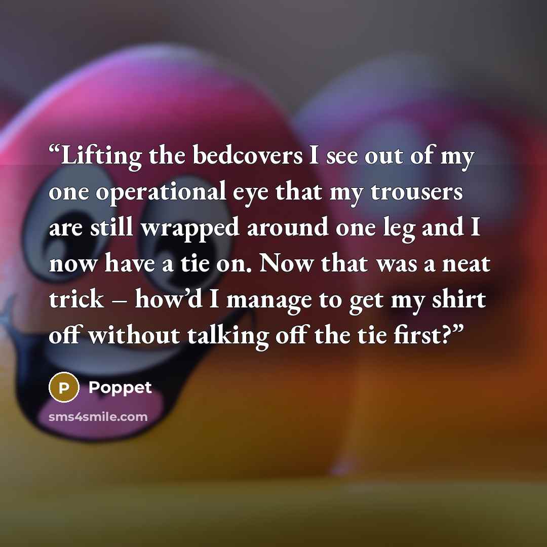 “Lifting the bedcovers I see out of my one operational eye that my trousers are still wrapped around one leg and I now have a tie on. Now that was a neat trick – how’d I manage to get my shirt off without talking off the tie first?” quote by Poppet