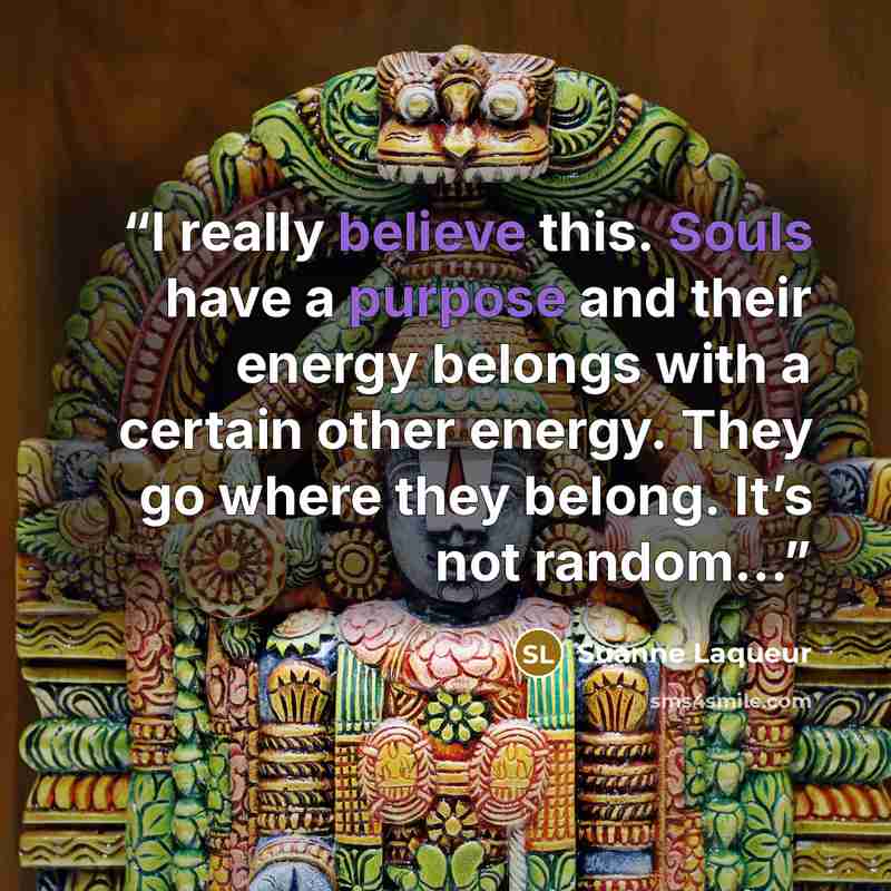 “I really believe this. Souls have a purpose and their energy belongs with a certain other energy. They go where they belong. It’s not random…” quote by Suanne Laqueur