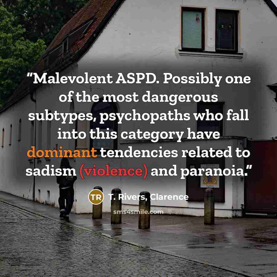 “Malevolent ASPD. Possibly one of the most dangerous subtypes, psychopaths who fall into this category have dominant tendencies related to sadism (violence) and paranoia.” quote by T. Rivers, Clarence