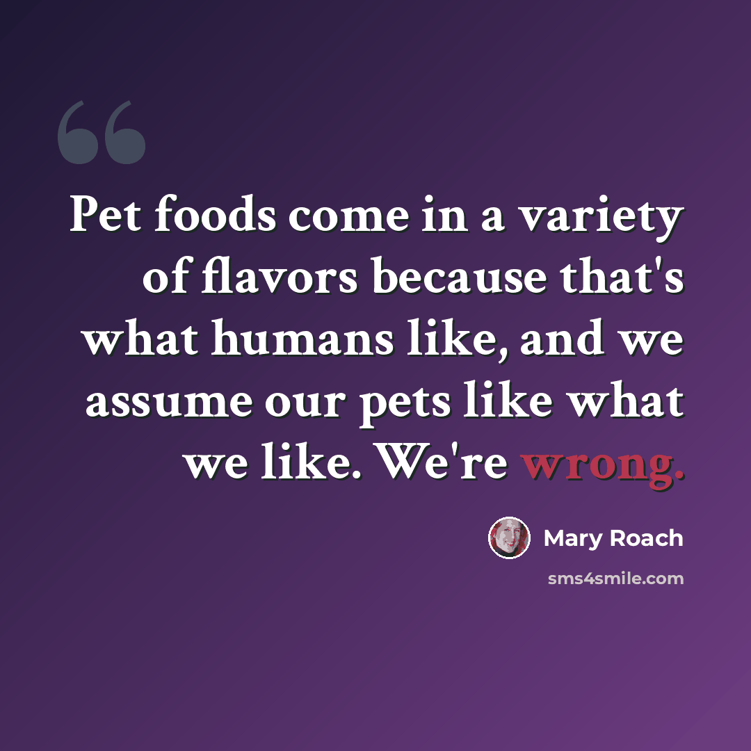“Pet foods come in a variety of flavors because that's what humans like, and we assume our pets like what we like. We're wrong.” quote by Mary Roach