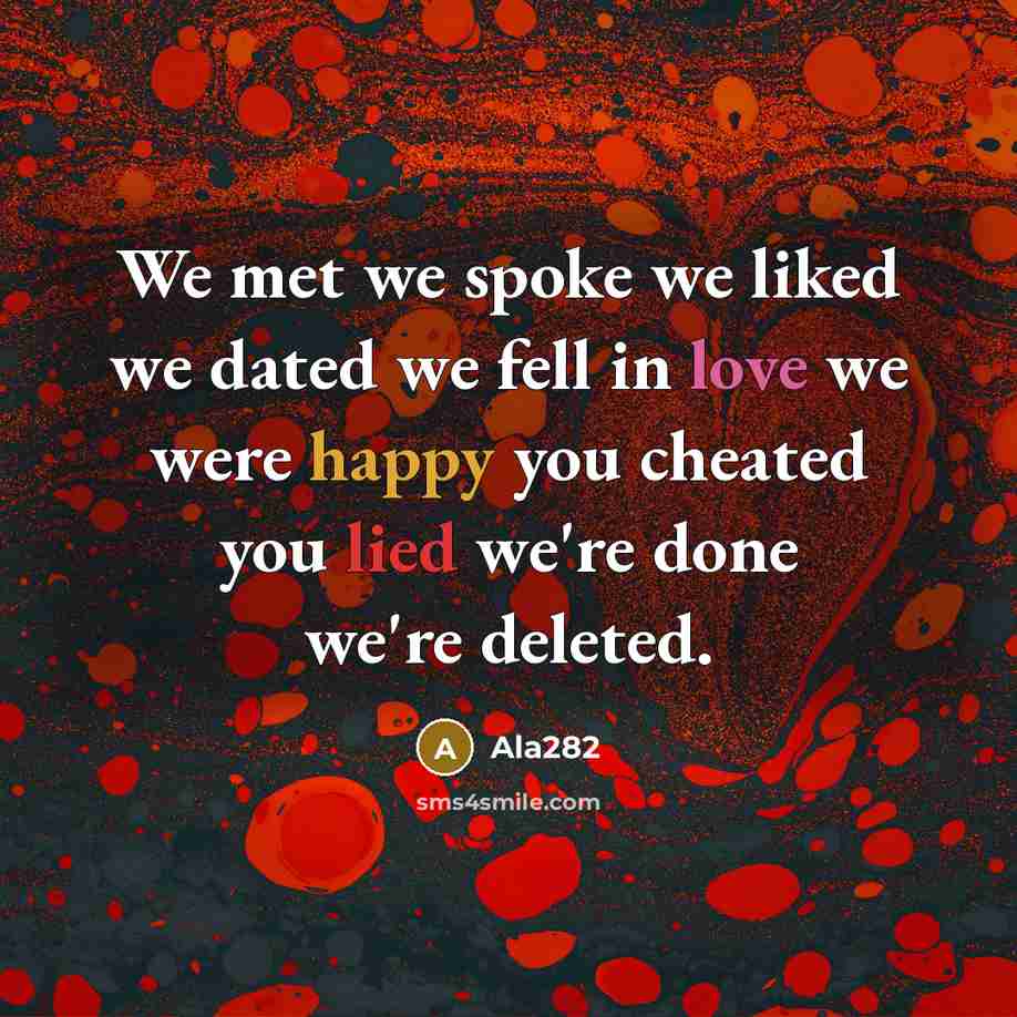 “We met we spoke we liked we dated we fell in love we were happy you cheated you lied we're done we're deleted.” quote by Ala282