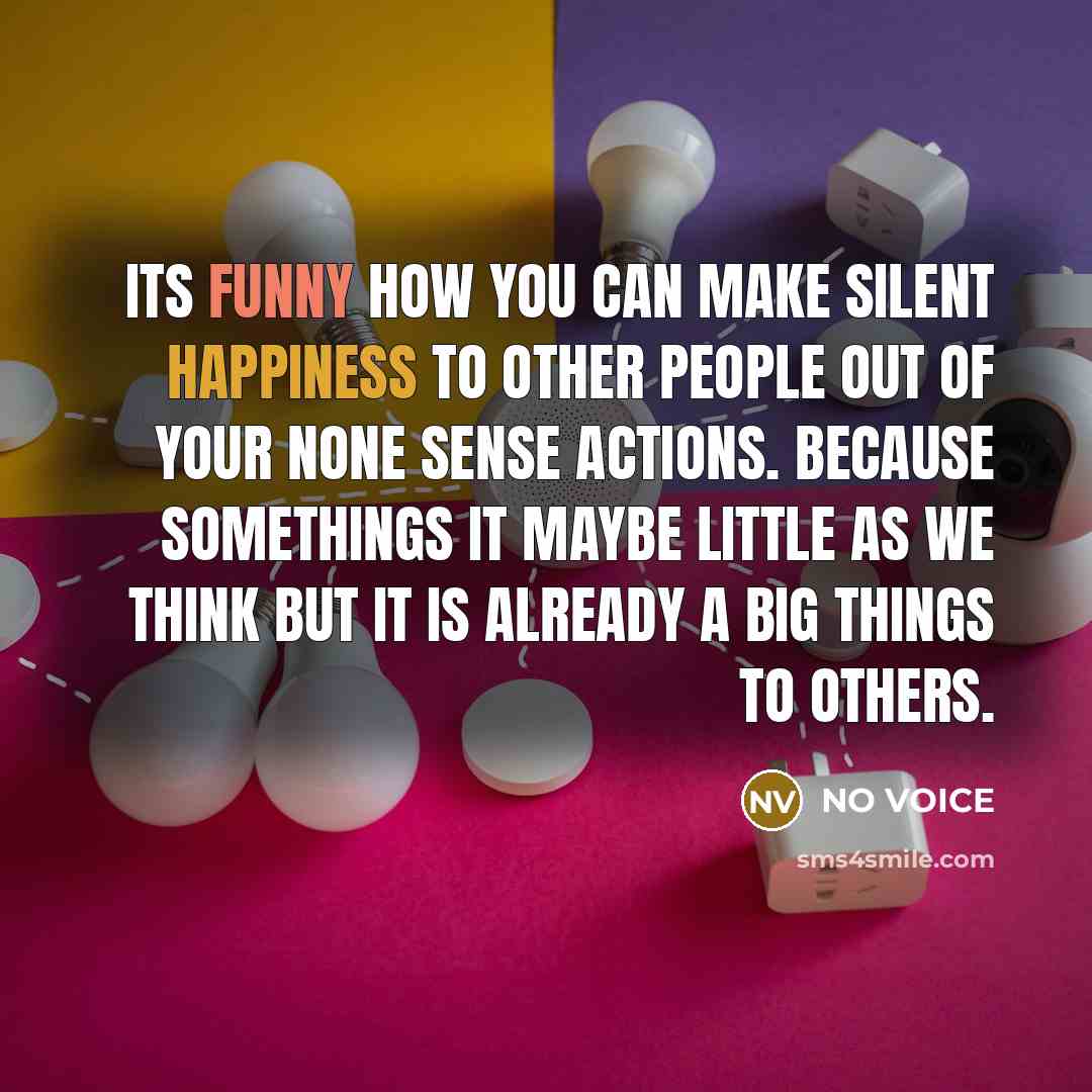 “ITS FUNNY HOW YOU CAN MAKE SILENT HAPPINESS TO OTHER PEOPLE OUT OF YOUR NONE SENSE ACTIONS. BECAUSE SOMETHINGS IT MAYBE LITTLE AS WE THINK BUT IT IS ALREADY A BIG THINGS TO OTHERS.” quote by NO VOICE