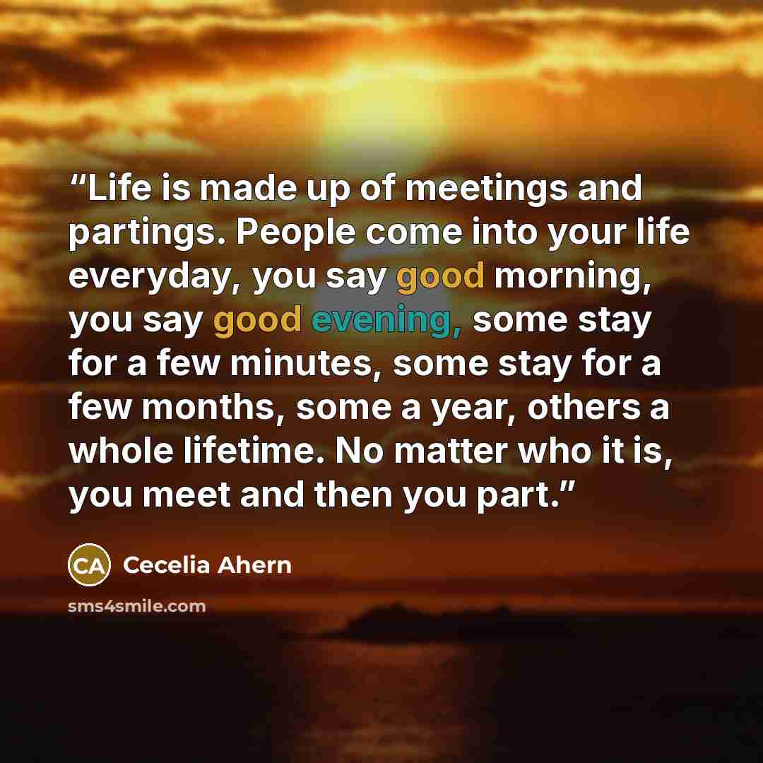 “Life is made up of meetings and partings. People come into your life everyday, you say good morning, you say good evening, some stay for a few minutes, some stay for a few months, some a year, others a whole lifetime. No matter who it is, you meet and then you part.” quote by Cecelia Ahern