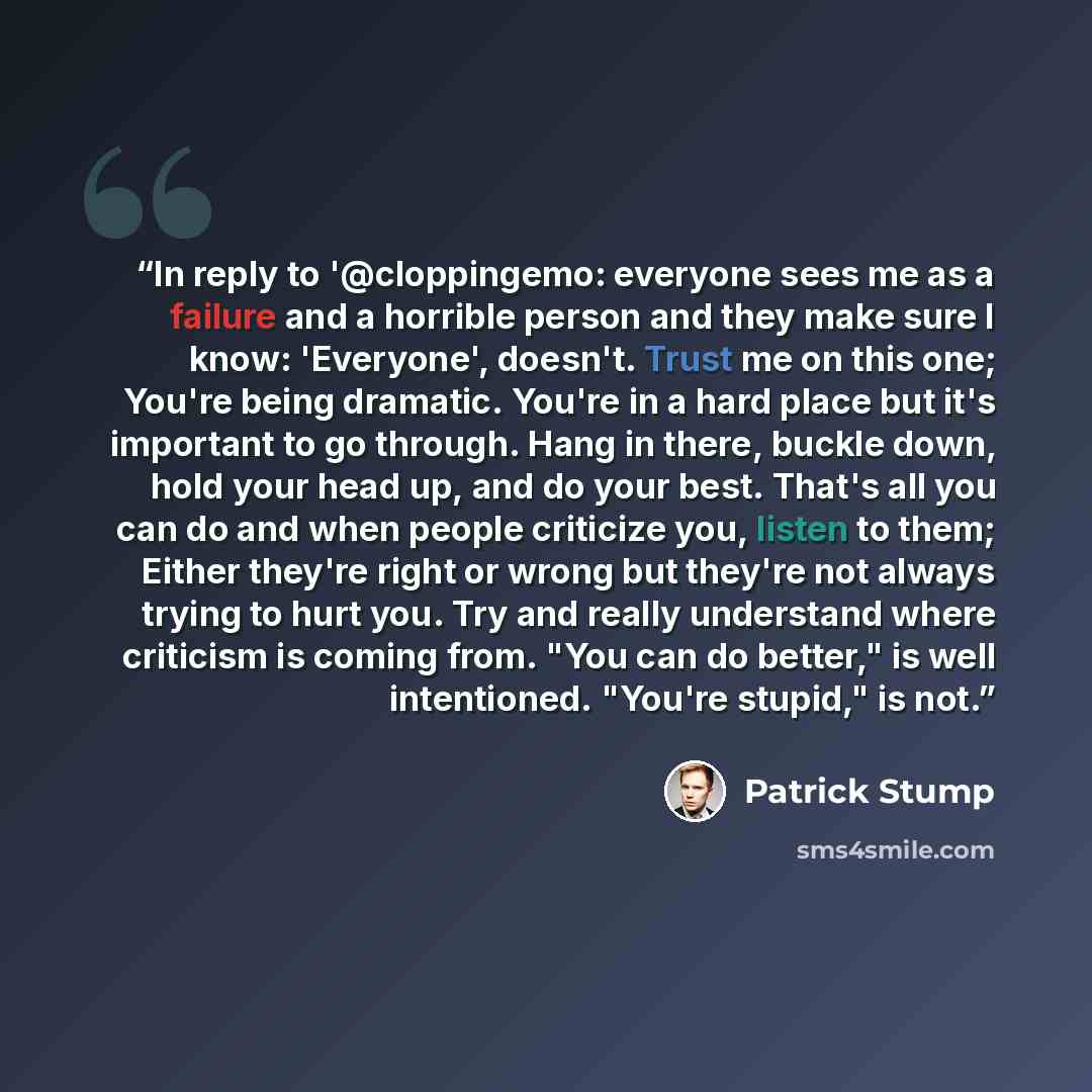 “In reply to '@cloppingemo: everyone sees me as a failure and a horrible person and they make sure I know: 'Everyone', doesn't. Trust me on this one; You're being dramatic. You're in a hard place but it's important to go through. Hang in there, buckle down, hold your head up, and do your best…” quote by Patrick Stump