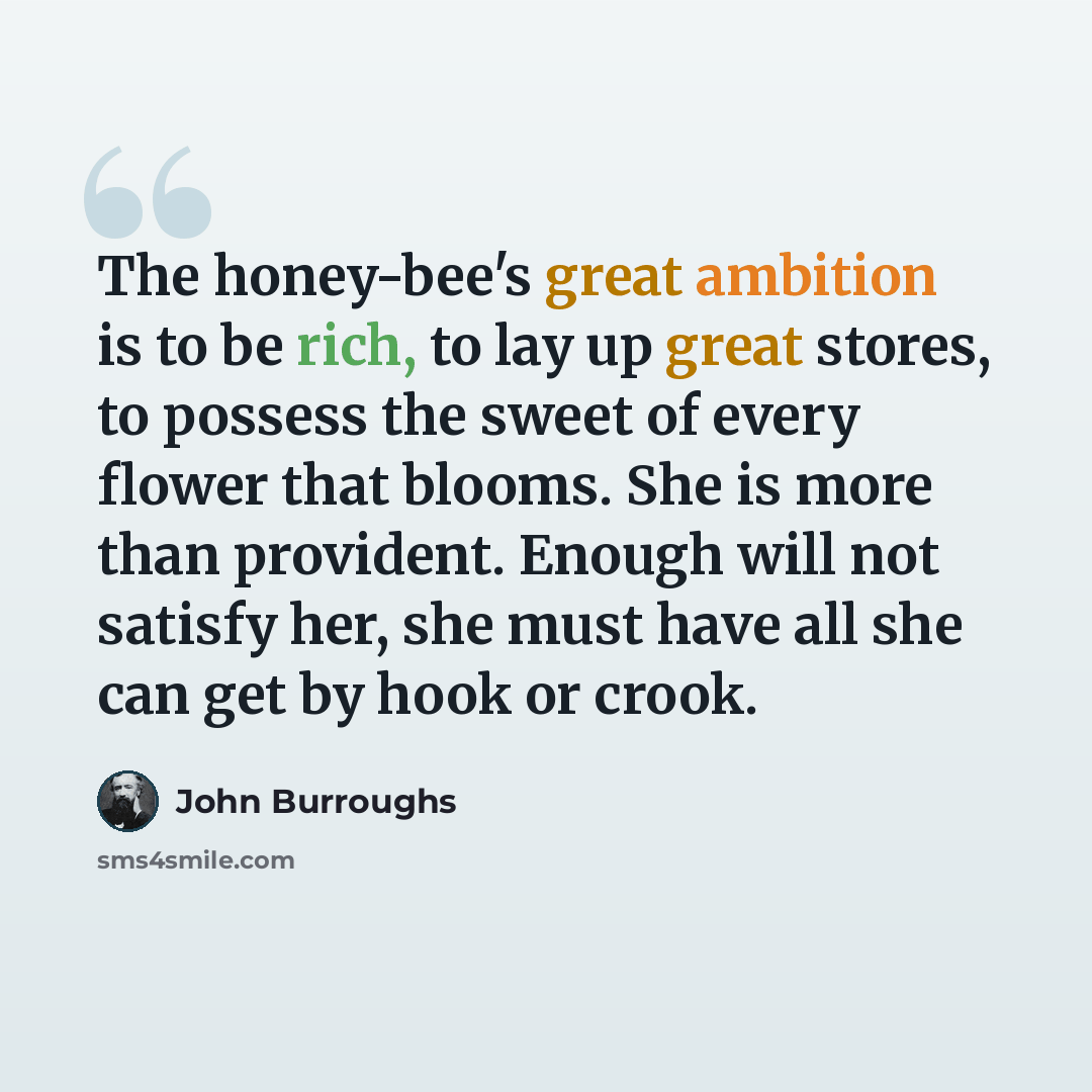 “The honey-bee's great ambition is to be rich, to lay up great stores, to possess the sweet of every flower that blooms. She is more than provident. Enough will not satisfy her, she must have all she can get by hook or crook.” quote by John Burroughs