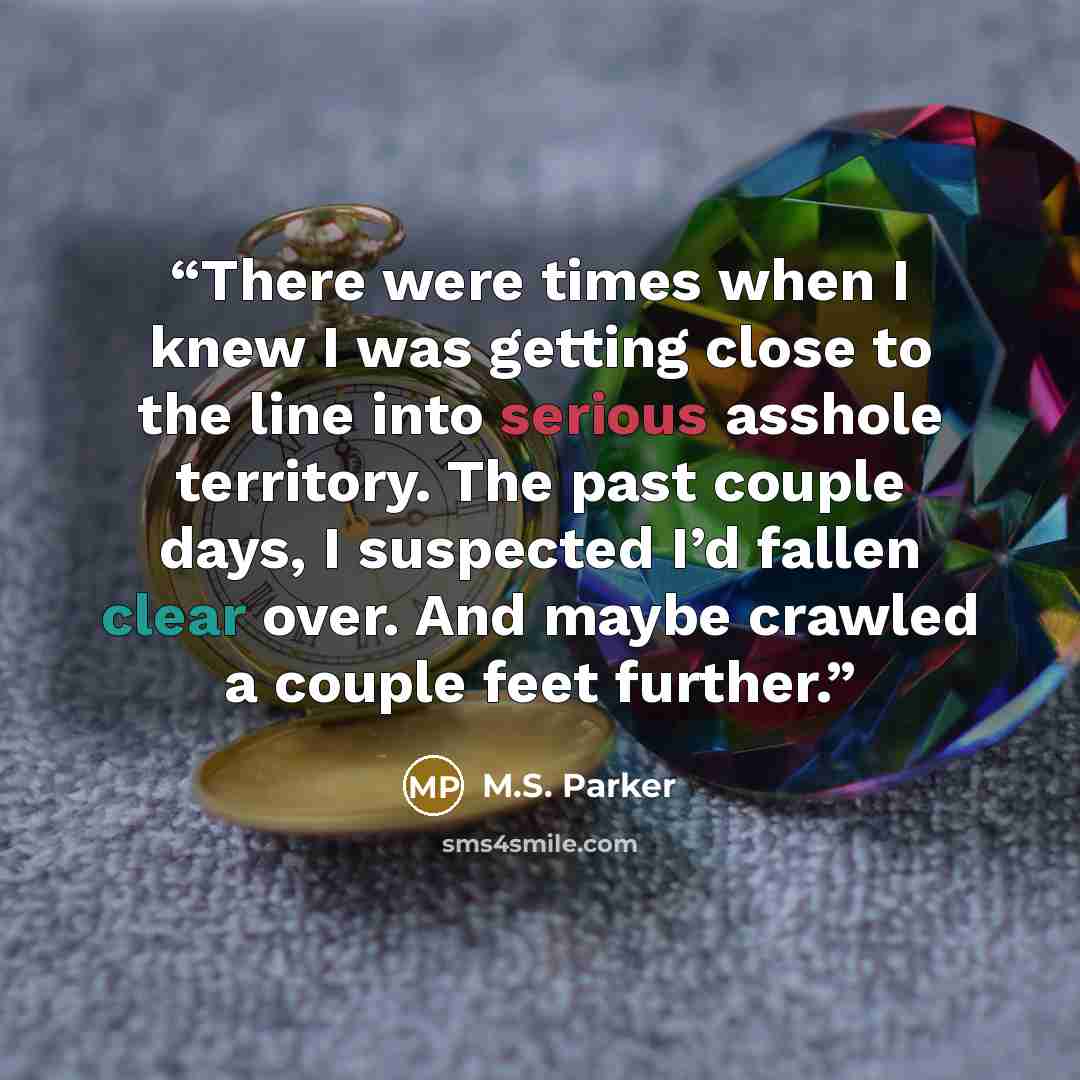 “There were times when I knew I was getting close to the line into serious asshole territory. The past couple days, I suspected I’d fallen clear over. And maybe crawled a couple feet further.” quote by M.S. Parker