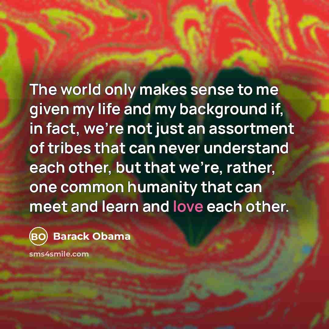 “The world only makes sense to me given my life and my background if, in fact, we're not just an assortment of tribes that can never understand each other, but that we're, rather, one common humanity that can meet and learn and love each other.” quote by Barack Obama