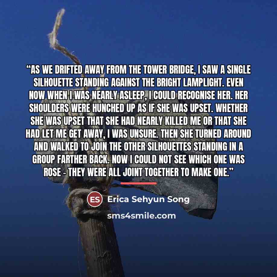 “As we drifted away from the Tower Bridge, I saw a single silhouette standing against the bright lamplight. Even now when I was nearly asleep, I could recognise her. Her shoulders were hunched up as if she was upset. Whether she was upset that she had nearly killed me or that she had let me get…” quote by Erica Sehyun Song