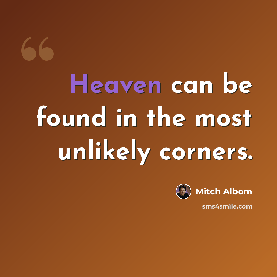 “Heaven can be found in the most unlikely corners.” quote by Mitch Albom