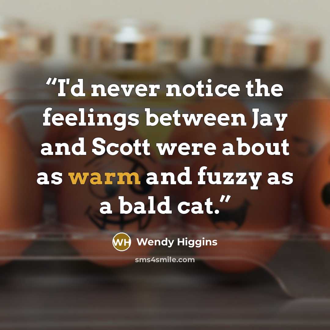 “I'd never notice the feelings between Jay and Scott were about as warm and fuzzy as a bald cat.” quote by Wendy Higgins