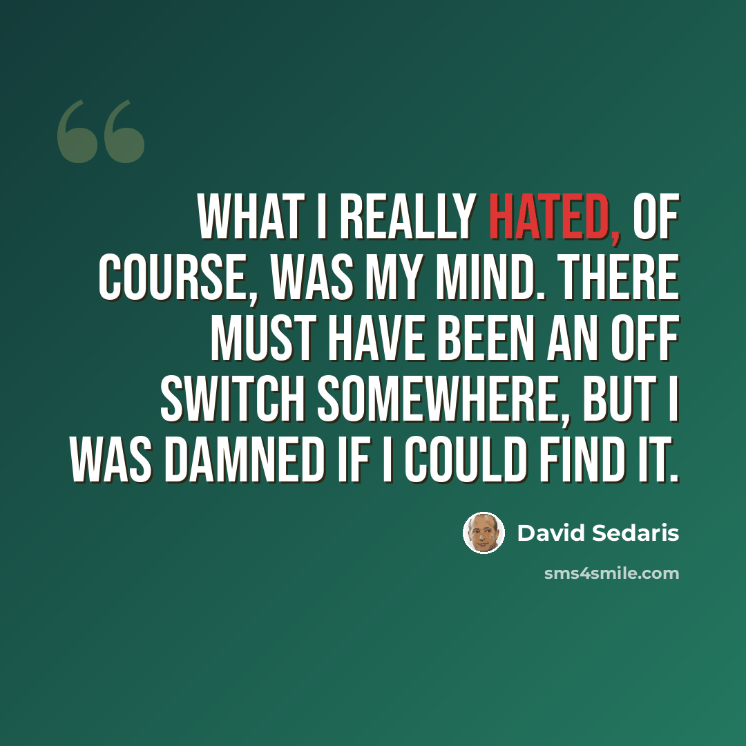 “What I really hated, of course, was my mind. There must have been an off switch somewhere, but I was damned if I could find it.” quote by David Sedaris