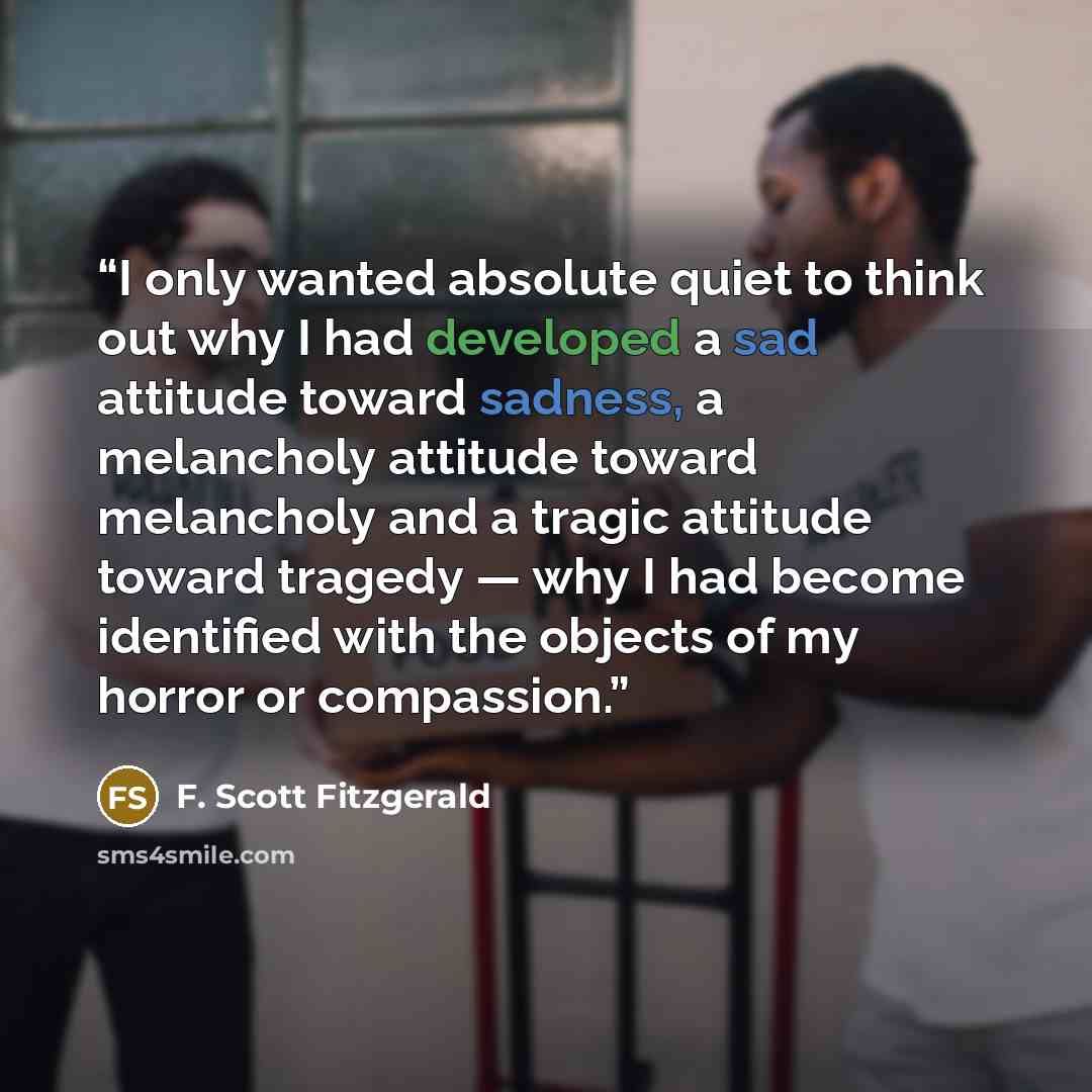 “I only wanted absolute quiet to think out why I had developed a sad attitude toward sadness, a melancholy attitude toward melancholy and a tragic attitude toward tragedy — why I had become identified with the objects of my horror or compassion.” quote by F. Scott Fitzgerald