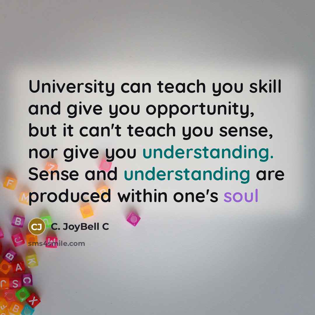 “University can teach you skill and give you opportunity, but it can't teach you sense, nor give you understanding. Sense and understanding are produced within one's soul” quote by C. JoyBell C