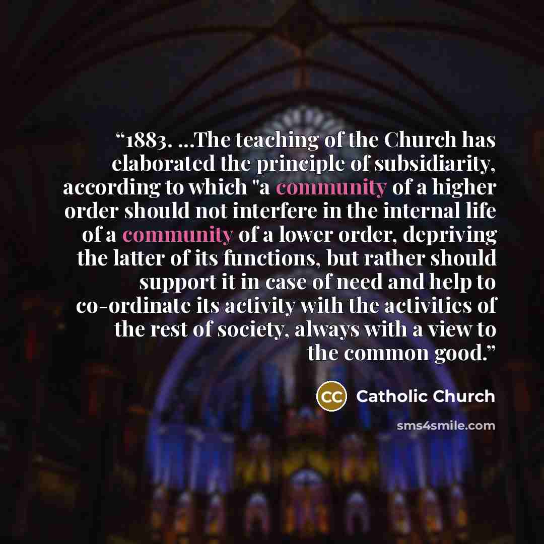 “1883. ...The teaching of the Church has elaborated the principle of subsidiarity, according to which "a community of a higher order should not interfere in the internal life of a community of a lower order, depriving the latter of its functions, but rather should support it in case of need and…” quote by Catholic Church