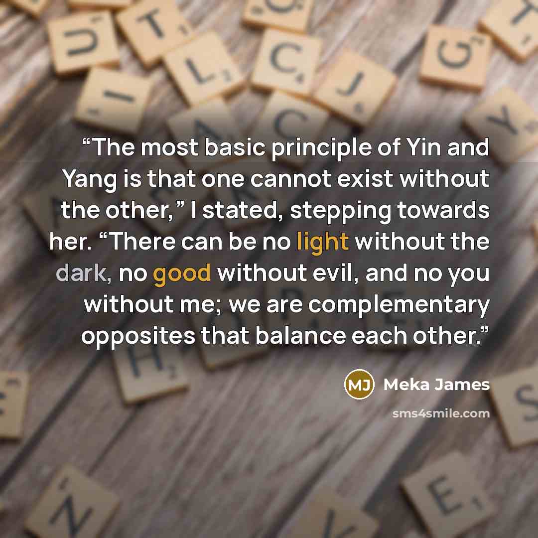 “The most basic principle of Yin and Yang is that one cannot exist without the other,” I stated, stepping towards her. “There can be no light without the dark, no good without evil, and no you without me; we are complementary opposites that balance each other.” quote by Meka James