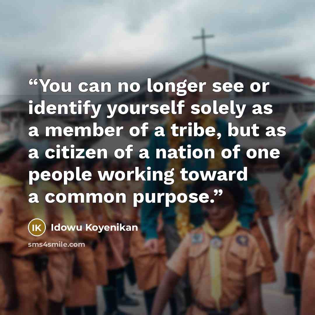 “You can no longer see or identify yourself solely as a member of a tribe, but as a citizen of a nation of one people working toward a common purpose.” quote by idowu koyenikan