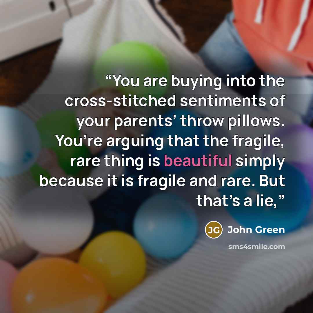 “You are buying into the cross-stitched sentiments of your parents’ throw pillows. You’re arguing that the fragile, rare thing is beautiful simply because it is fragile and rare. But that’s a lie,” quote by John Green