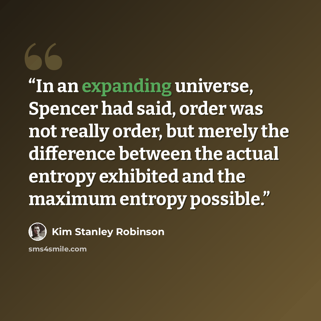 “In an expanding universe, Spencer had said, order was not really order, but merely the difference between the actual entropy exhibited and the maximum entropy possible.” quote by Kim Stanley Robinson