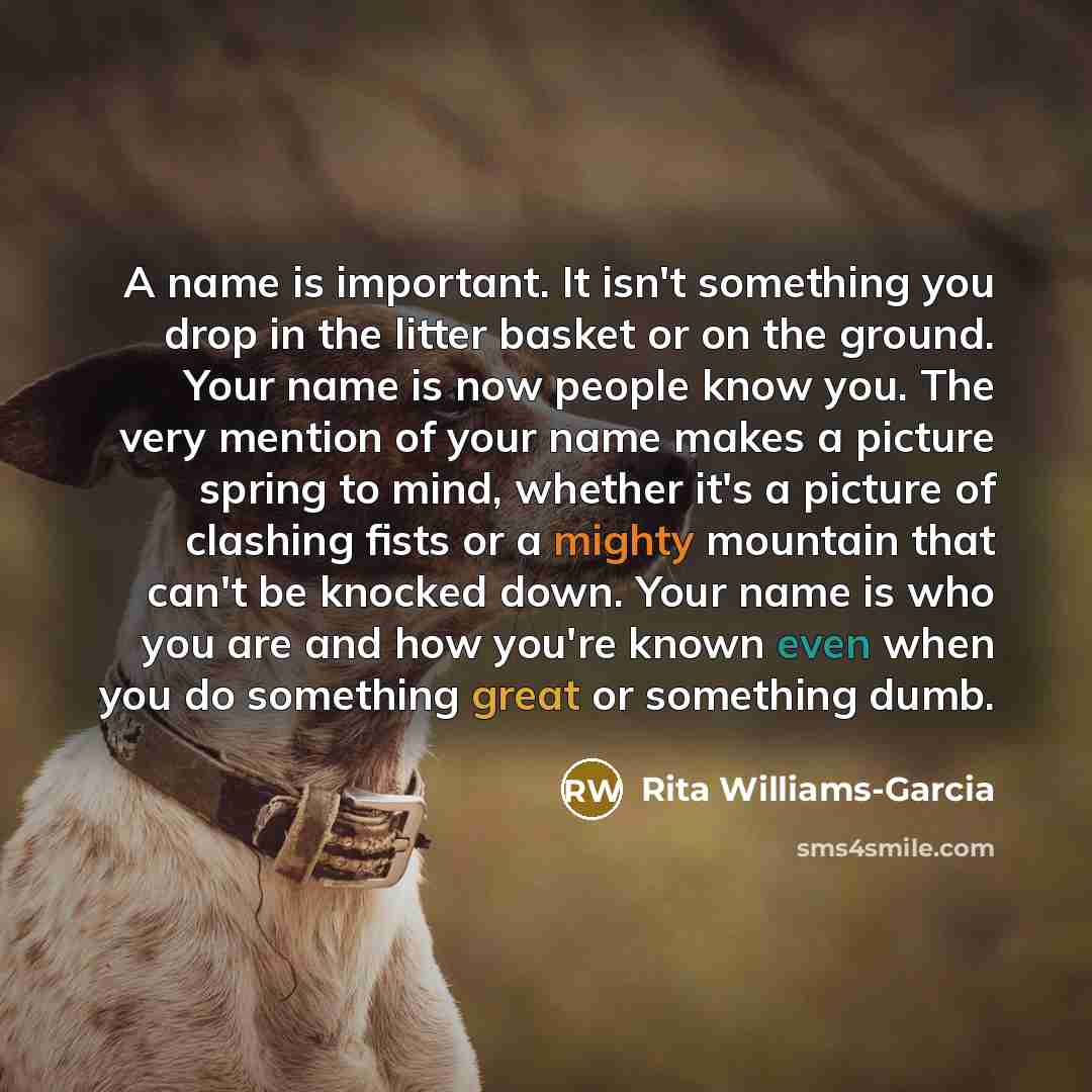 “A name is important. It isn't something you drop in the litter basket or on the ground. Your name is now people know you. The very mention of your name makes a picture spring to mind, whether it's a picture of clashing fists or a mighty mountain that can't be knocked down. Your name is who you are…” quote by Rita Williams-Garcia