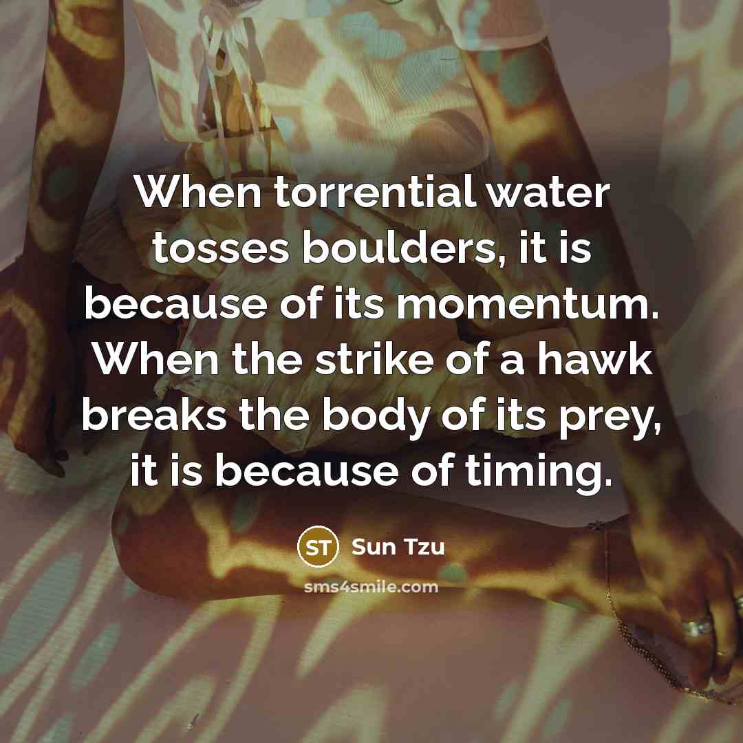 “When torrential water tosses boulders, it is because of its momentum. When the strike of a hawk breaks the body of its prey, it is because of timing.” quote by Sun Tzu