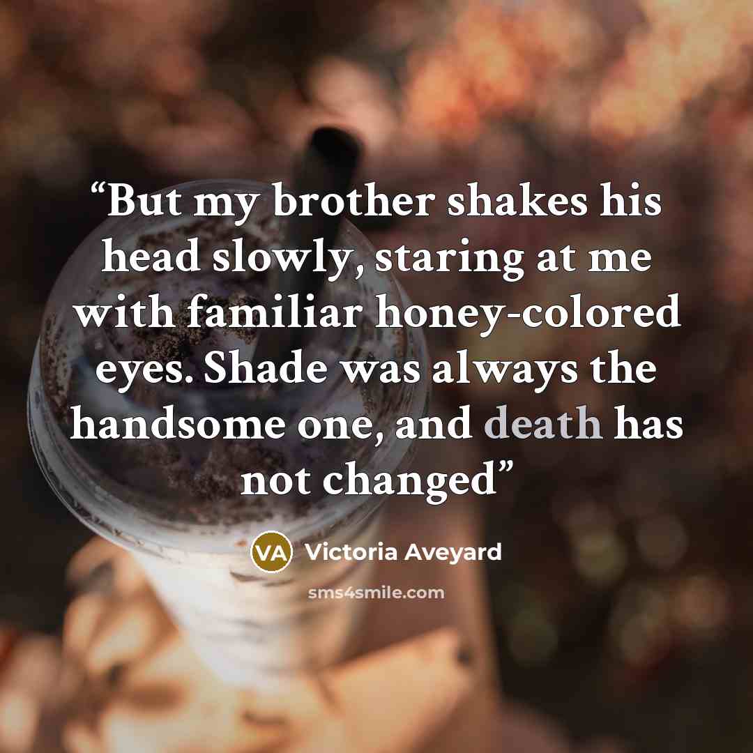“But my brother shakes his head slowly, staring at me with familiar honey-colored eyes. Shade was always the handsome one, and death has not changed” quote by Victoria Aveyard